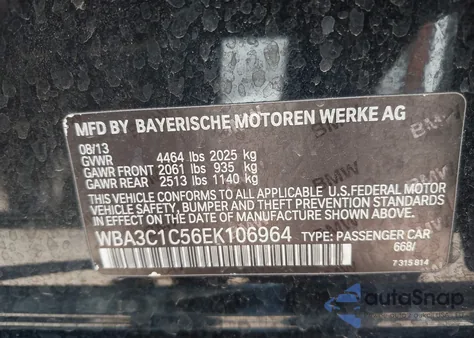 2014 BMW 328I из США, поврежденный, VIN WBA3C1C56EK106964